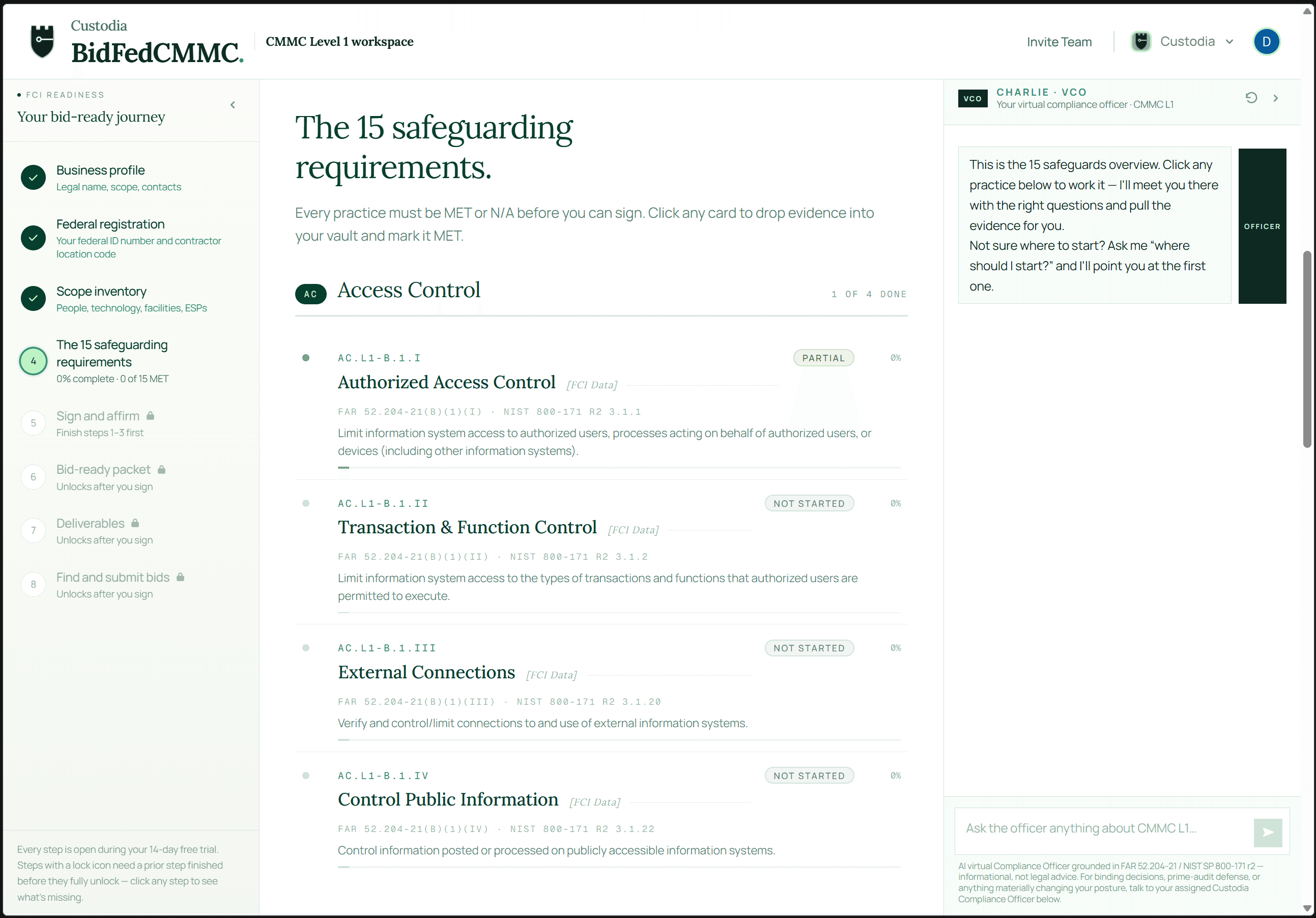 Custodia platform — AC.L1-3.1.2 Transaction & Function Control walkthrough with the bid-ready journey on the left and the virtual compliance officer chat on the right