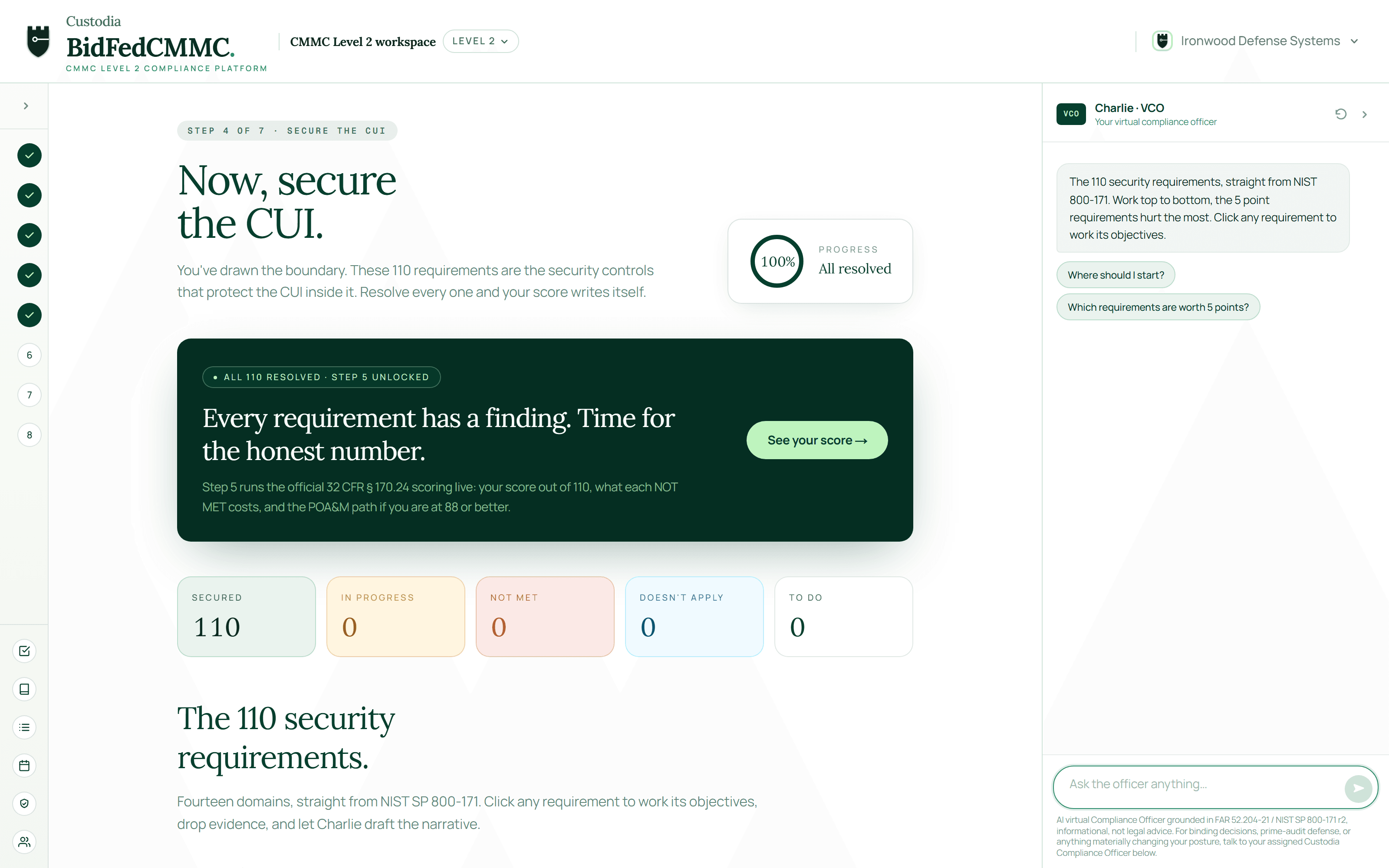 The Custodia Level 2 workspace: all 110 NIST 800-171 requirements resolved and secured, scored live, with Charlie, your compliance officer, beside you