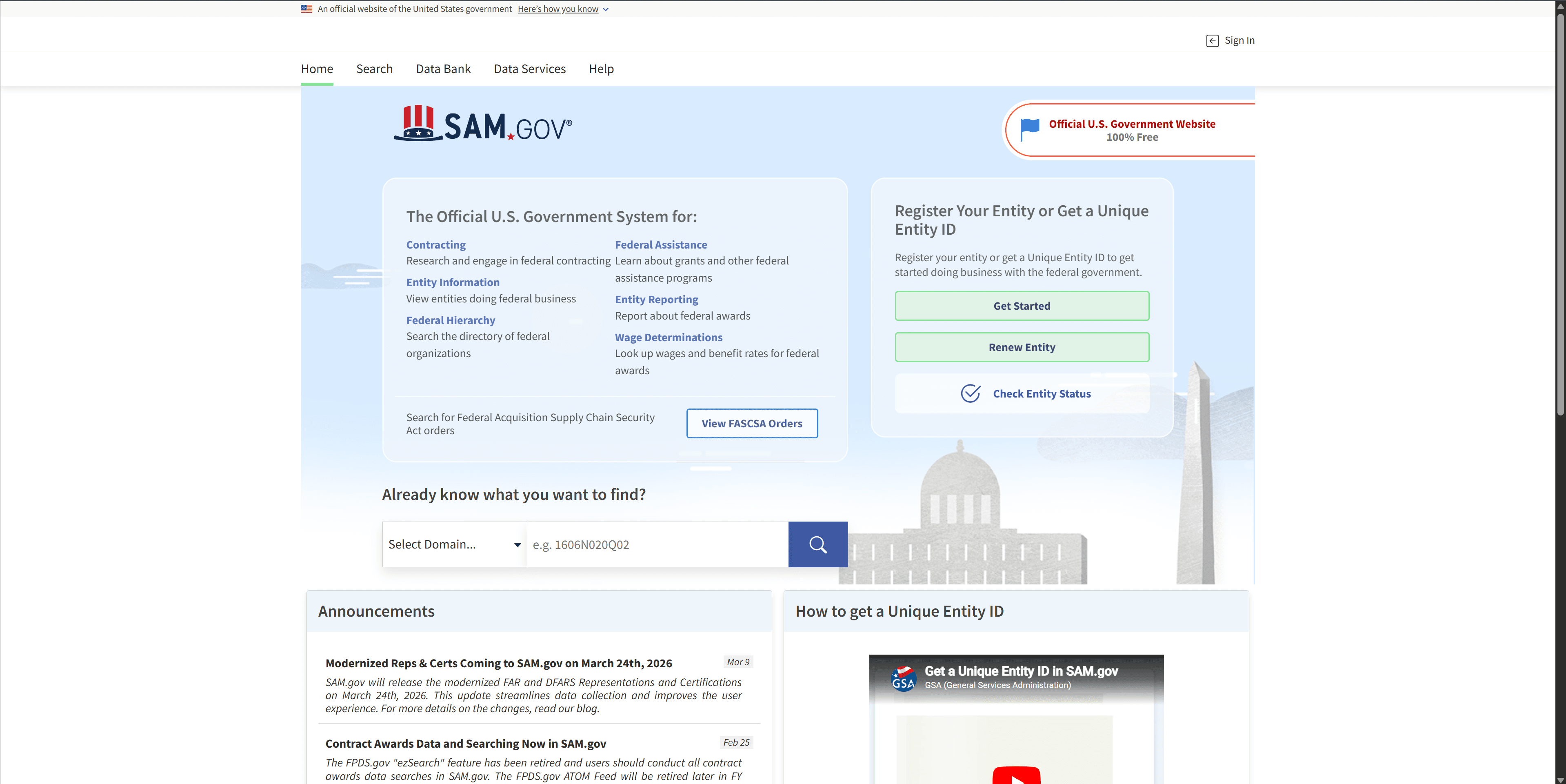 SAM.gov homepage with the Get Started button highlighted on the right side.