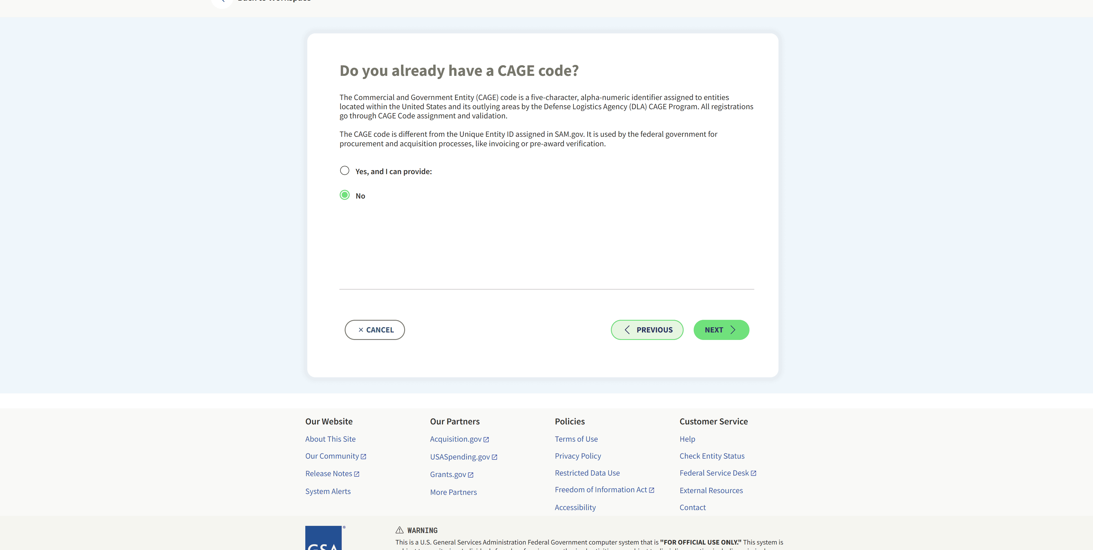 SAM.gov Do you already have a CAGE code page with No selected.