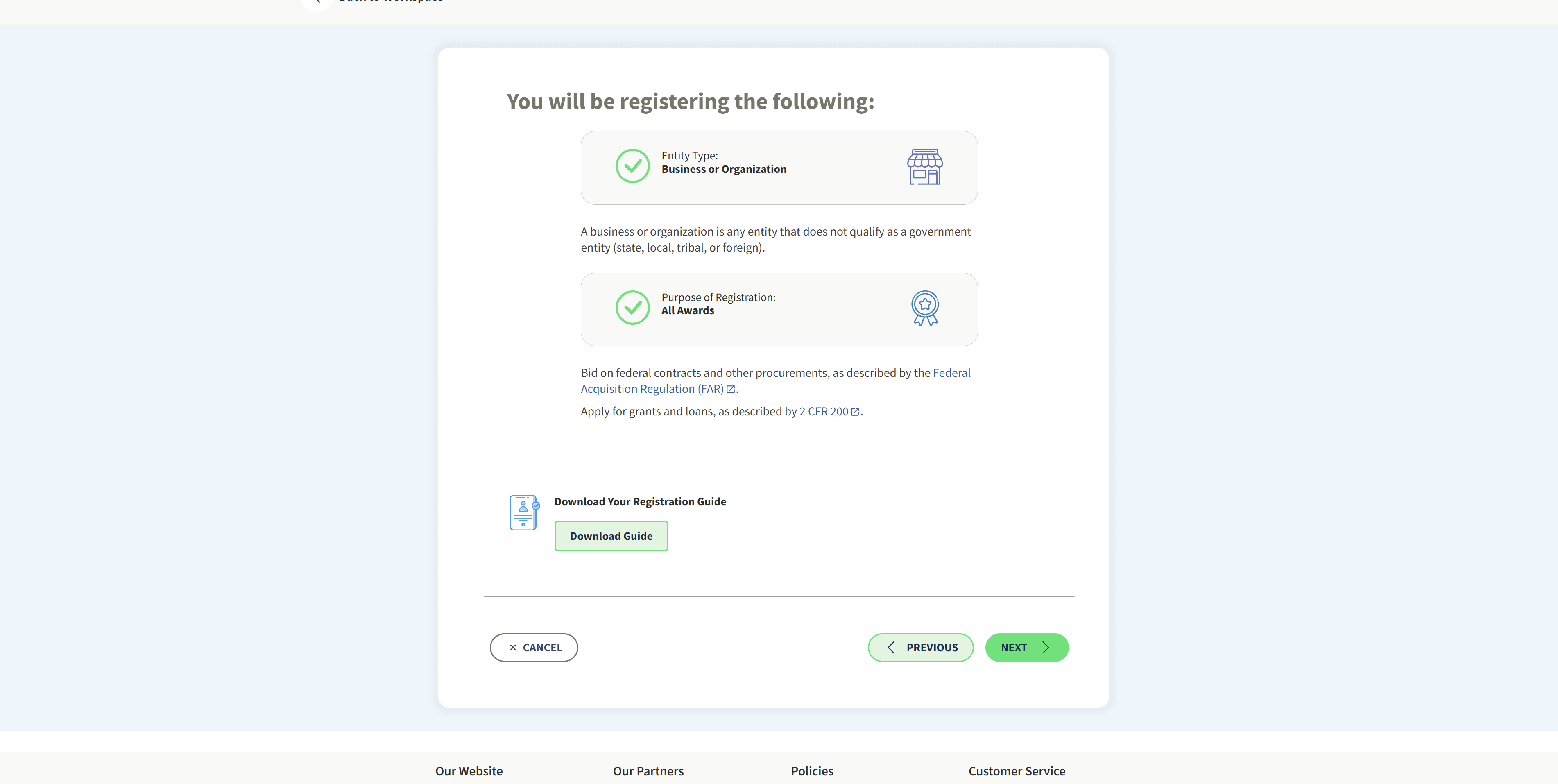 SAM.gov confirmation page showing Entity Type: Business or Organization and Purpose of Registration: All Awards.