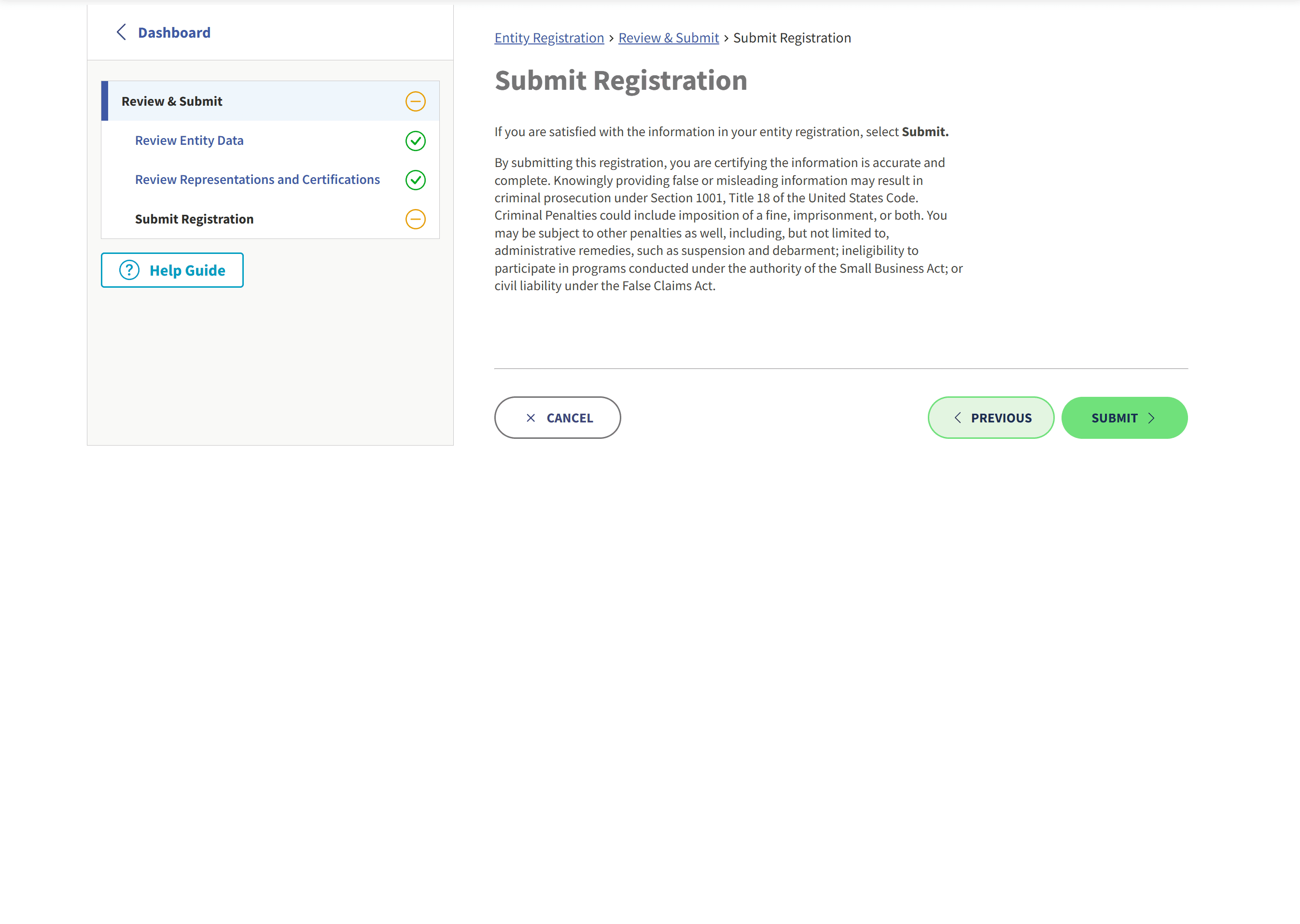SAM.gov Submit Registration page in the Review & Submit dashboard.