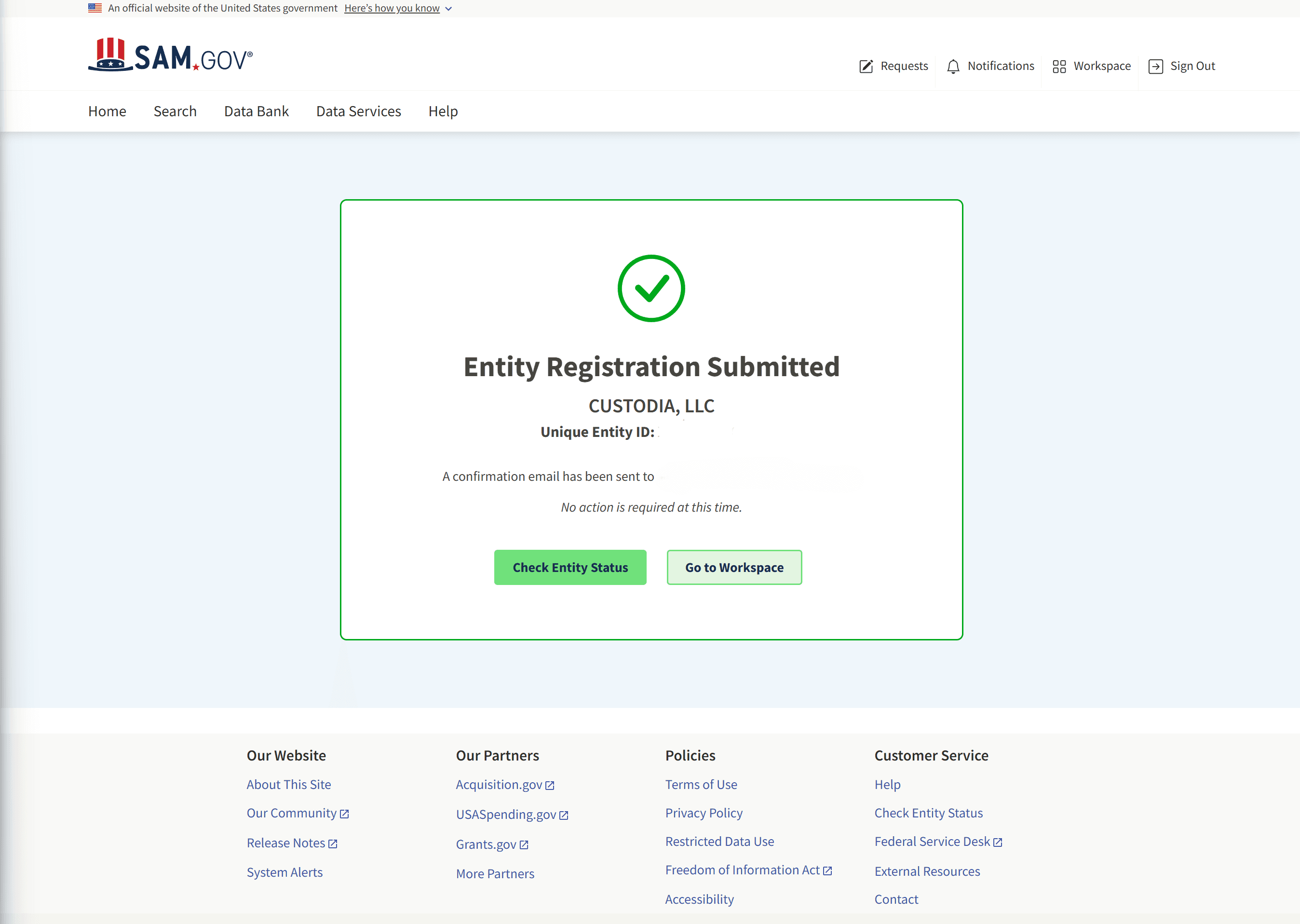 SAM.gov Entity Registration Submitted success page showing the legal business name and Unique Entity ID.