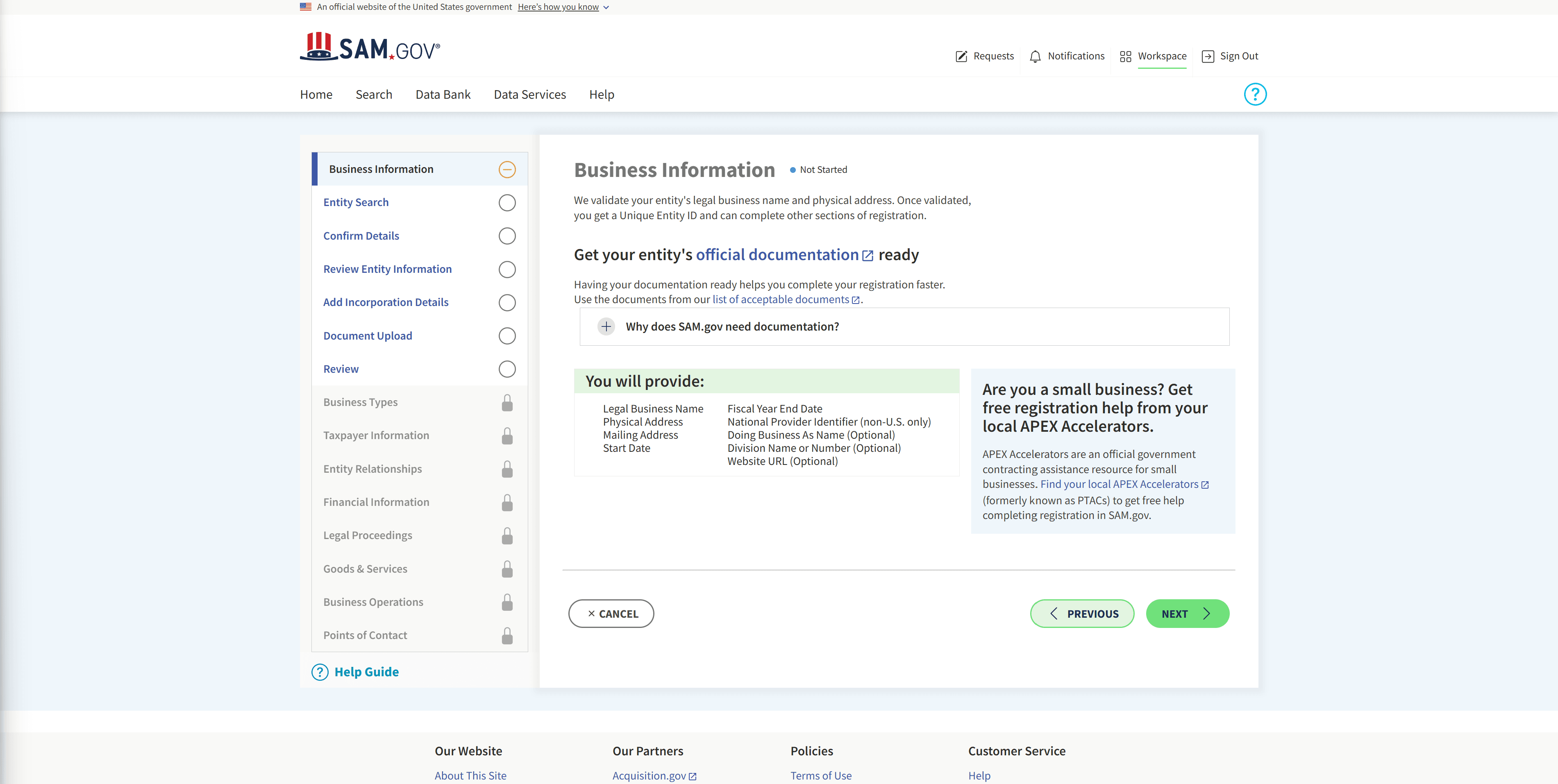 SAM.gov Business Information page showing the full left sidebar with Entity Search, Confirm Details, Business Types, Taxpayer Information, Goods & Services, etc.