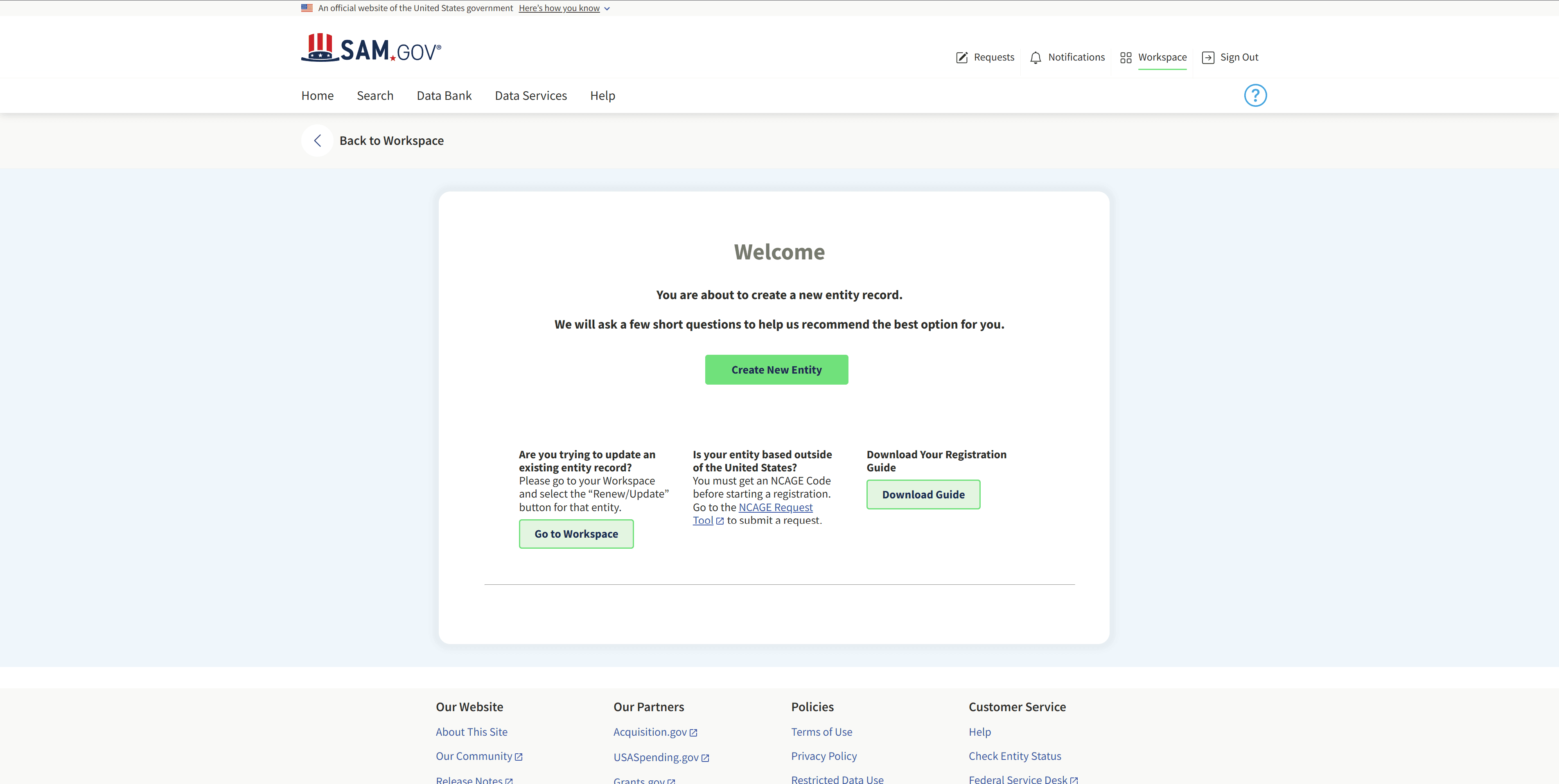 SAM.gov Welcome page with a green Create New Entity button.