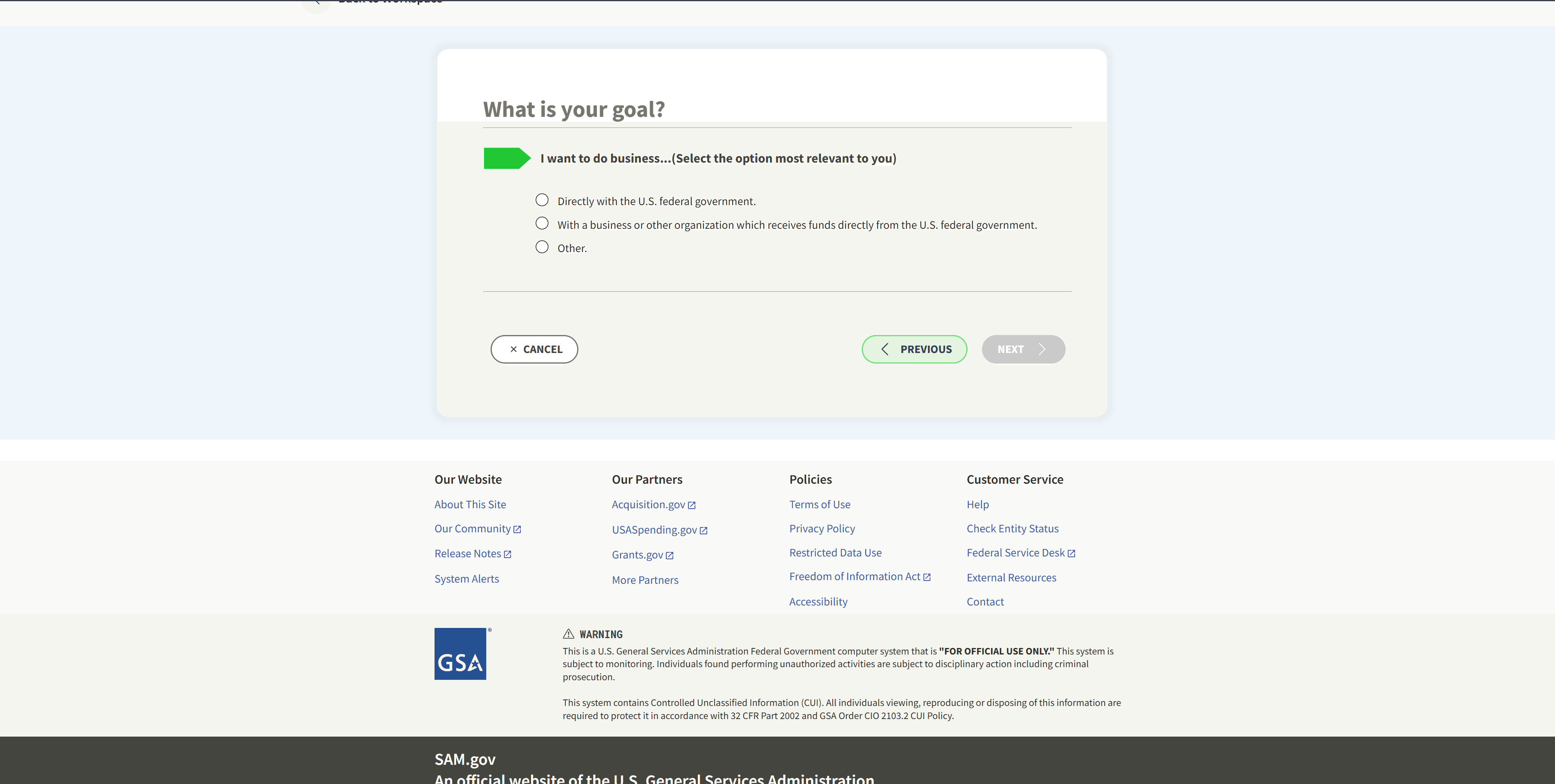 SAM.gov What is your goal page with three radio options.