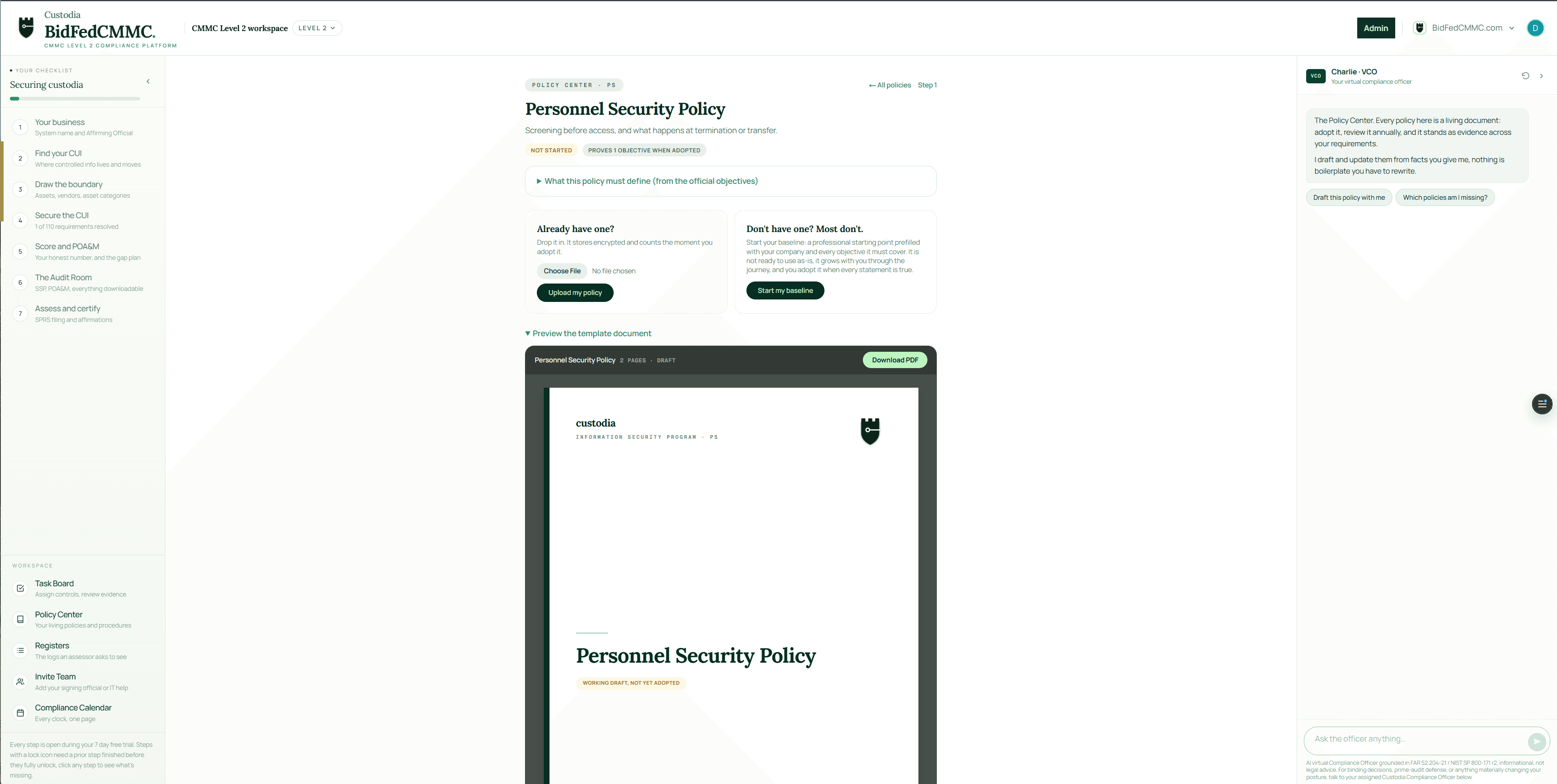 The Policy Center: a living Personnel Security Policy generated on company letterhead, adopted as evidence, with Charlie beside it