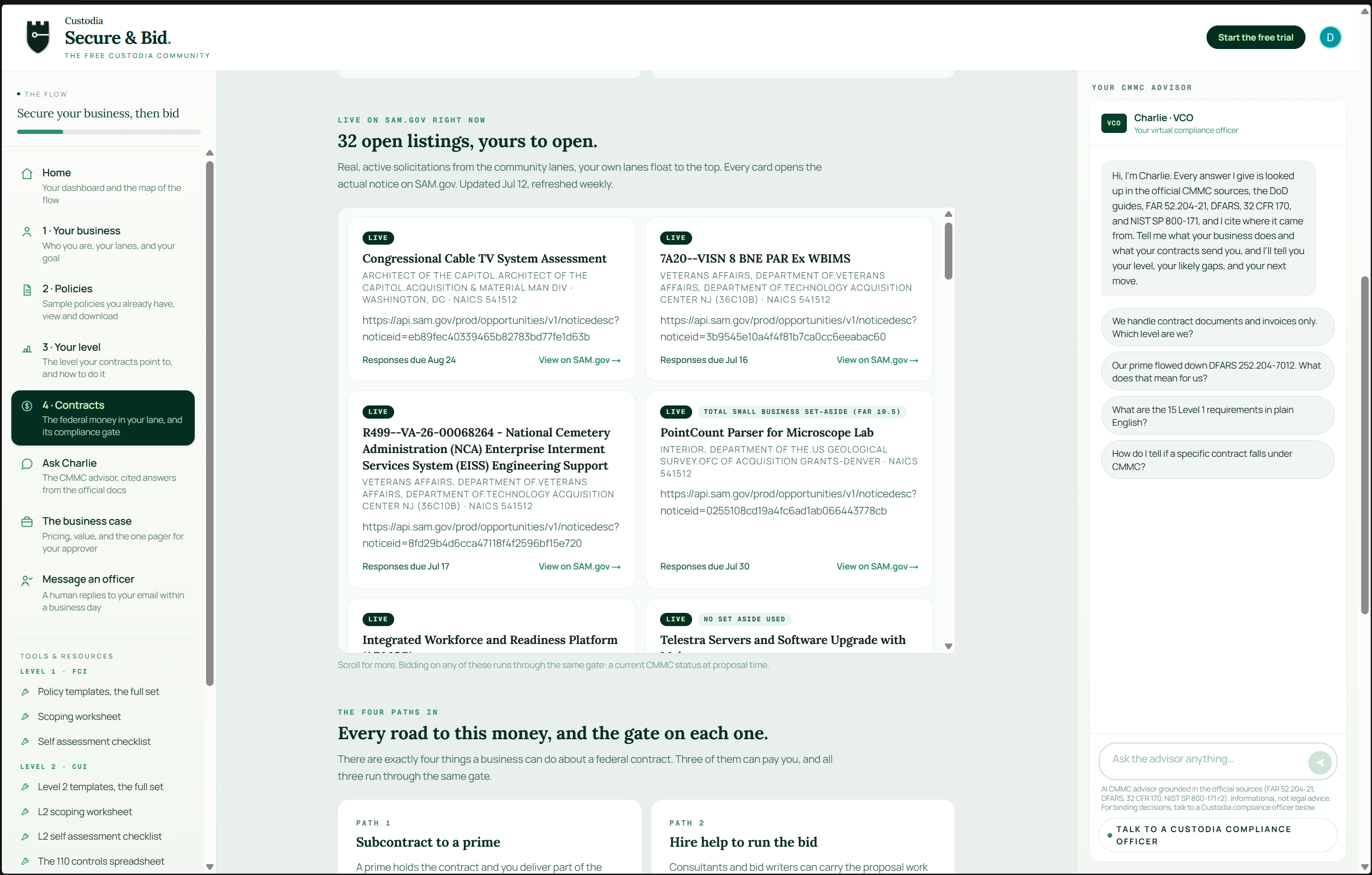 The Bid and Win find work radar, live federal bids matched to your lane with the CMMC gate flagged on each