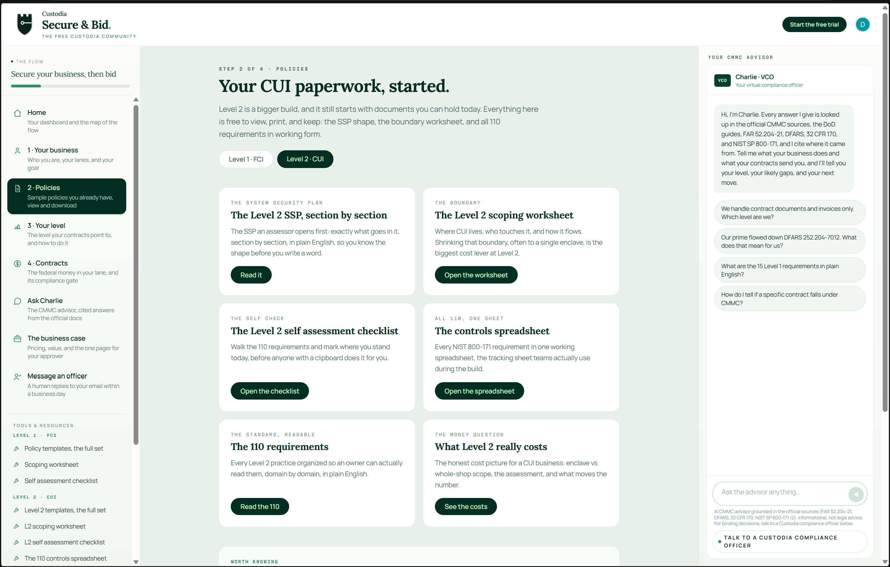 The Bid and Win policies step, with sample CMMC policy templates